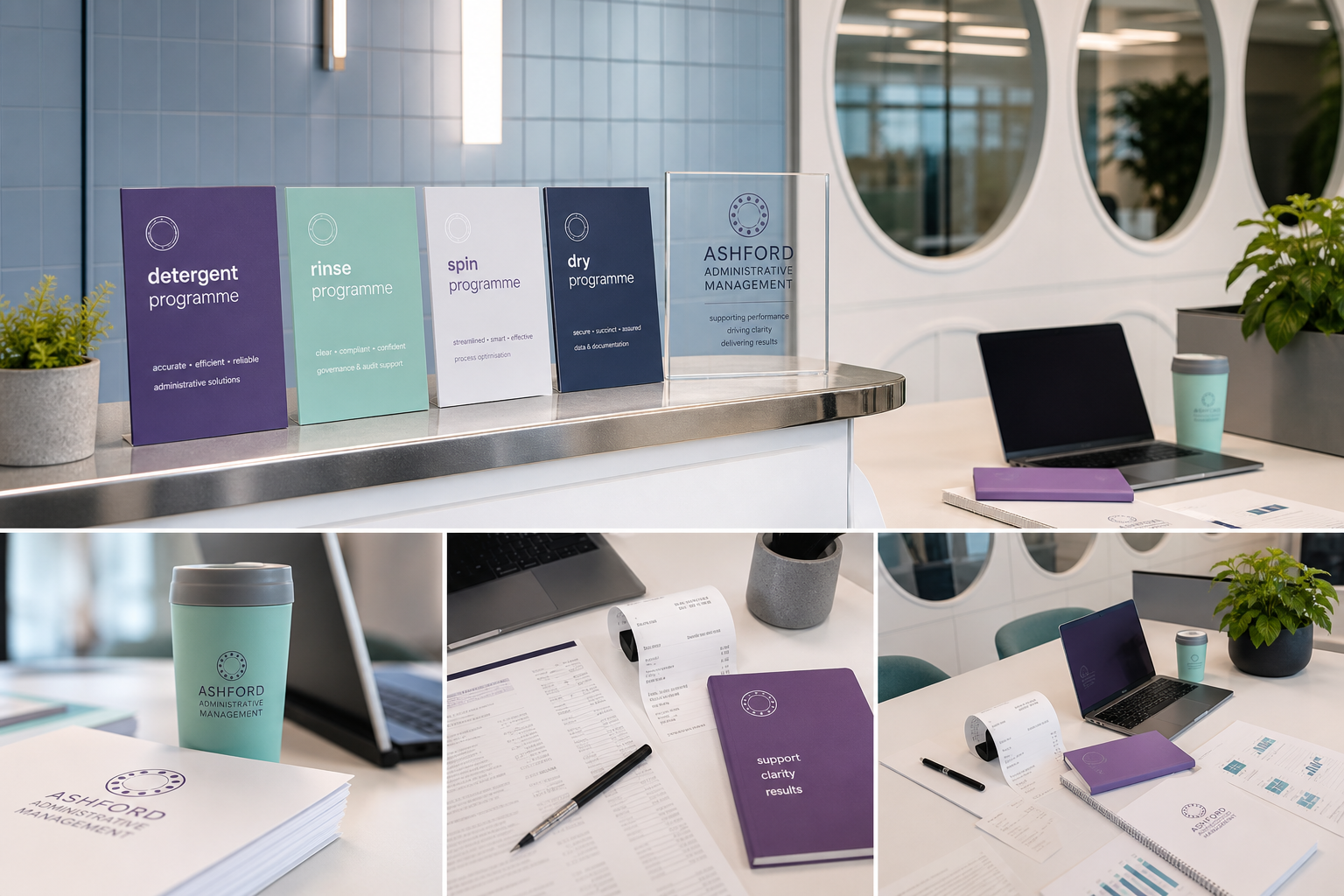 Premium administrative workspace with programme cards and organised business documents