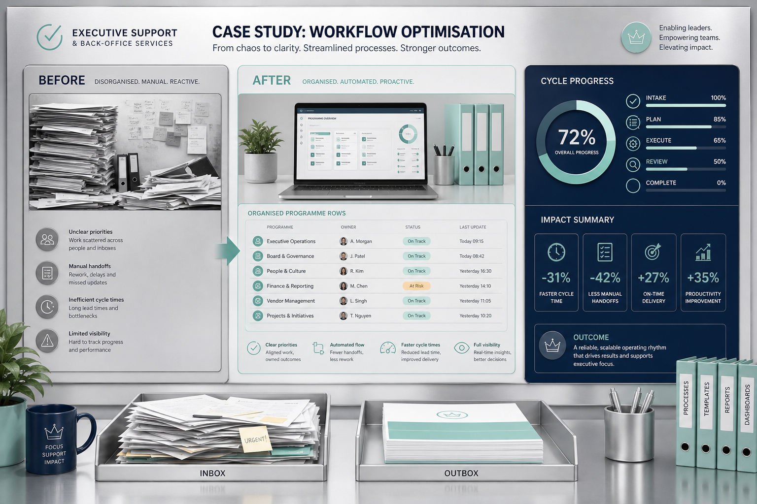 Workflow optimization case study showing before and after process boards
